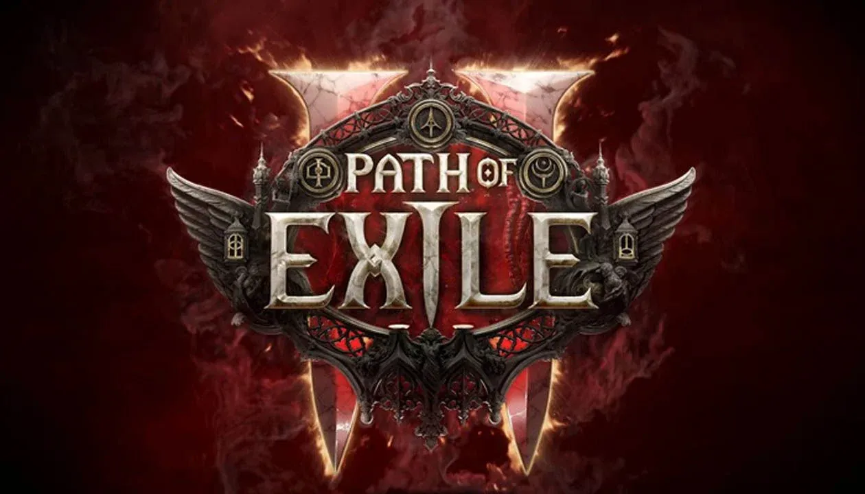 Path of Exile 2 logo, an ornate gothic emblem with wings, against a smoky red background.