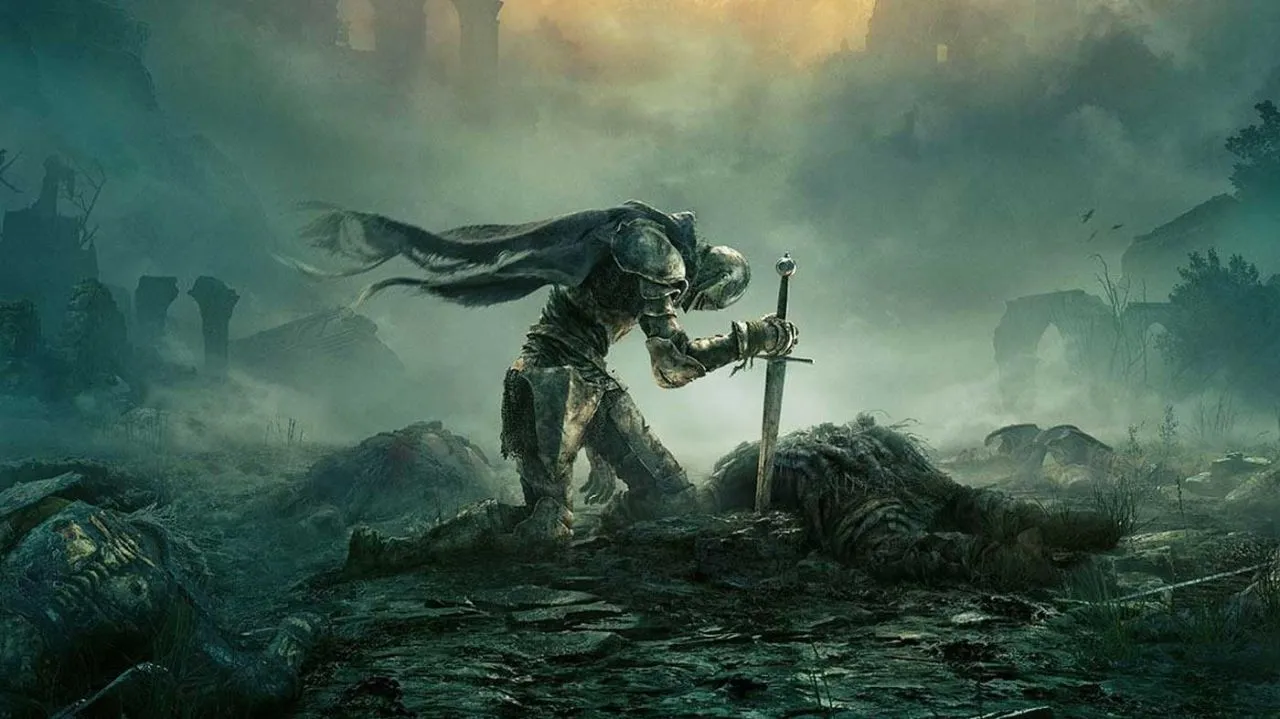 Elden Ring key art: an armored knight kneeling with a sword planted beside a fallen beast, in a misty ruined landscape.